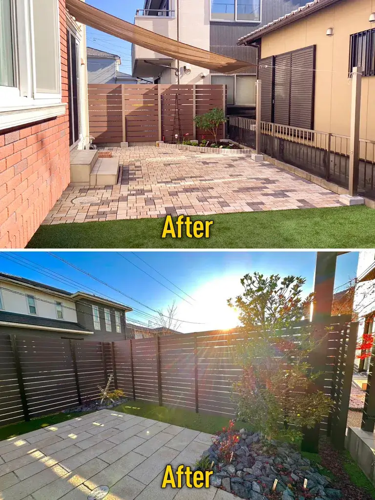 庭リフォームタイル張り＆目隠しフェンス施工例