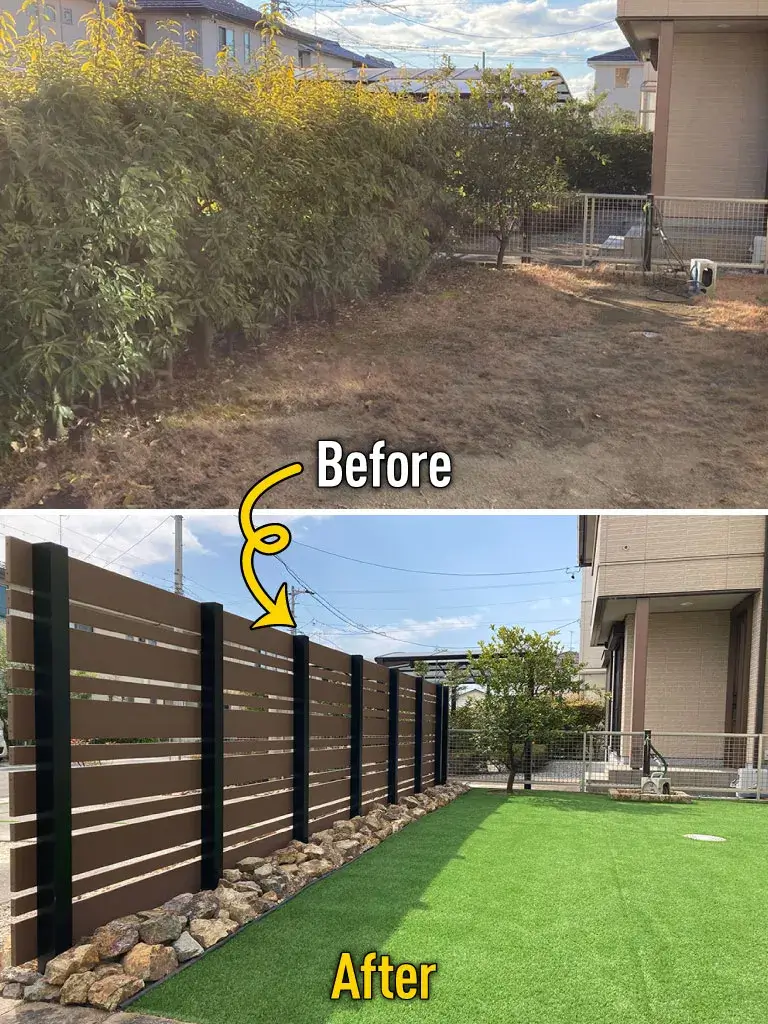 庭リフォーム雑草対策人工芝＆目隠しフェンス施工例