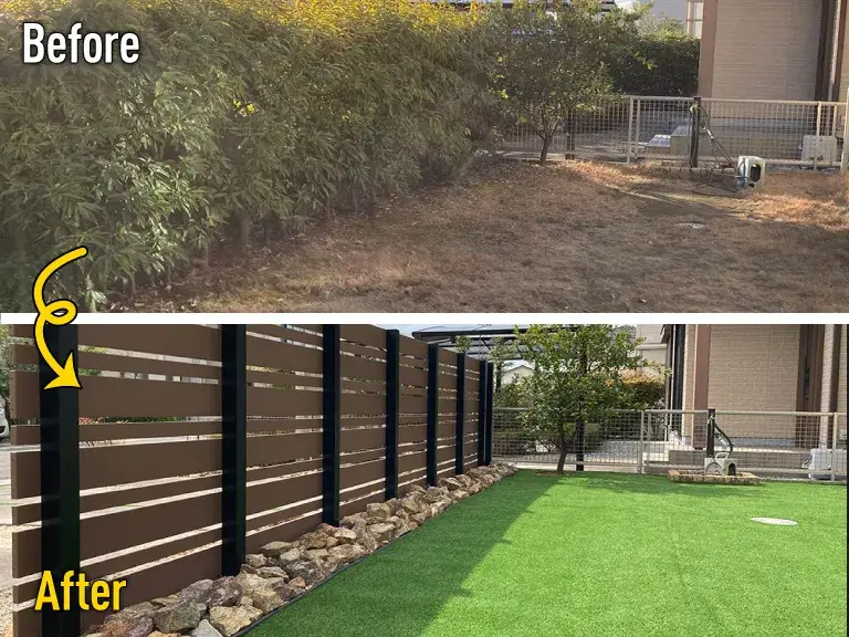 雑草対策人工芝工事ビフォーアフター