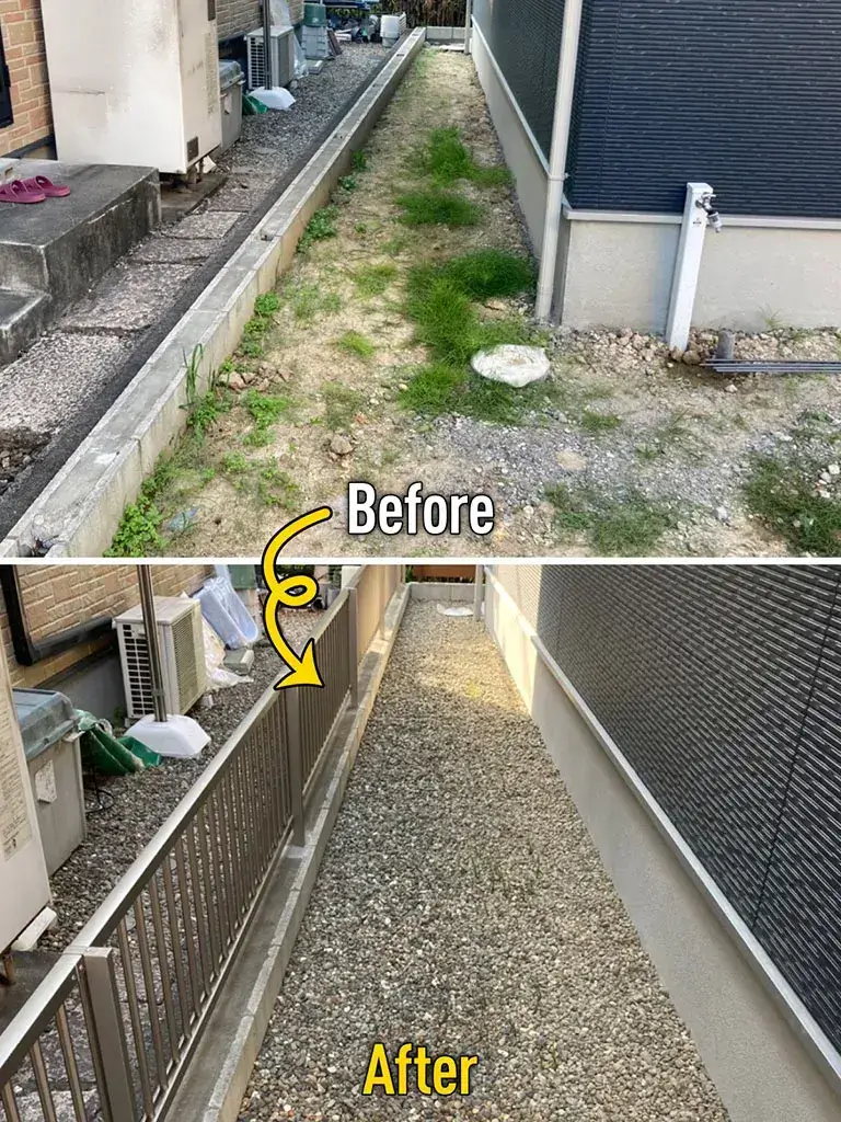 犬走りの雑草対策砂利敷き工事