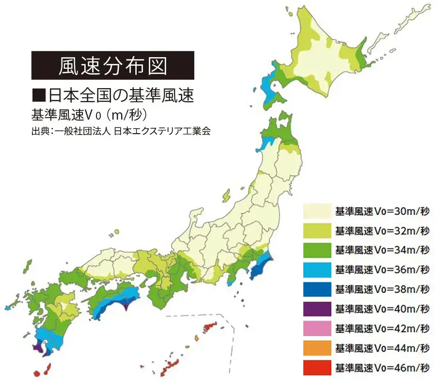 風速分布図／日本全国の基準風速（国土交通省告示第1454号）