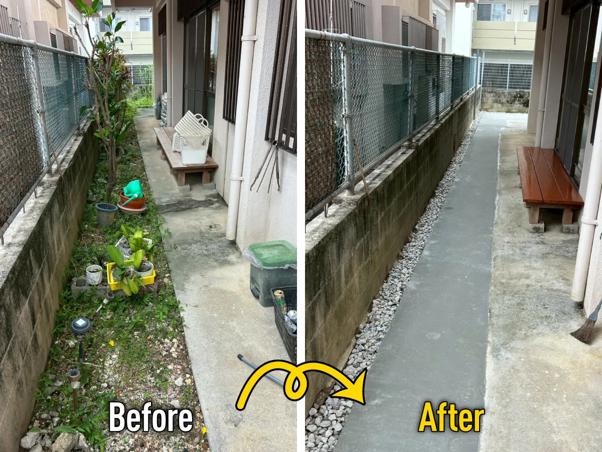 ガーテリア雑草対策犬走りコンクリート工事施工例